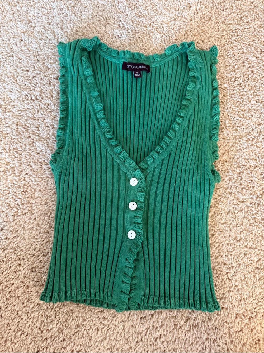 American Threads Green Ribbed Sleeveless Button-Front Top